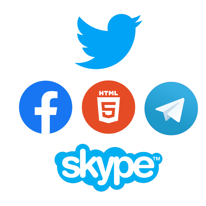 Twitter, Web Chat + HTML, Facebook, Skype, Telegram